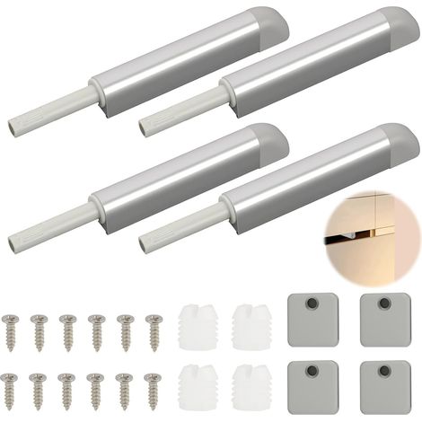 Lot de 4 loquets à pousser pour portes d'armoires de cuisine, portes de placard, pas de poignée nécessaire, finition argentée, vis d'installation et autocollants inclus (1/5)