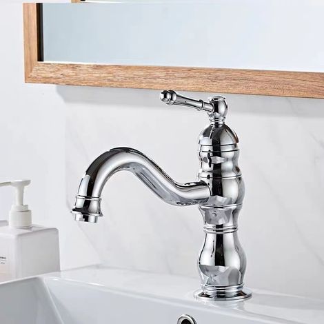 Robinet Lavabo Rétro, Pivotant à 360° Robinet Salle de Bain avec Eau Froide & Chaude Disponible, Monocommande Mitigeur Lavabo en Laiton pour Lavabo, Chromé (1/5)