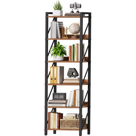 Bibliothèque à 6 Niveaux, Étagère d’Angle Industrielle, Présentoir avec Rangement, Cadre métallique, pour Salon, Chambre, Bureau, Cuisine, entrée, Marron Rustique et Noir (1/5)