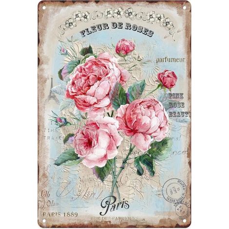 Plaque Métallique 20X30 Cm, Plaque de Fer Vintagée à Fleurs Roses Roses Roses pour Décoration Murale, Salon, Cuisine, Jardin, Chambre à Coucher, Bureau et Pub (1/5)