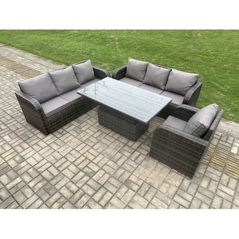 Fimous 7 Seater Outdoor Rattan Garden Furniture Sets Height Adjustable Rising lifting Dining Table Sofa Set with Reclining Chair Dark Grey Mixed (1/5)