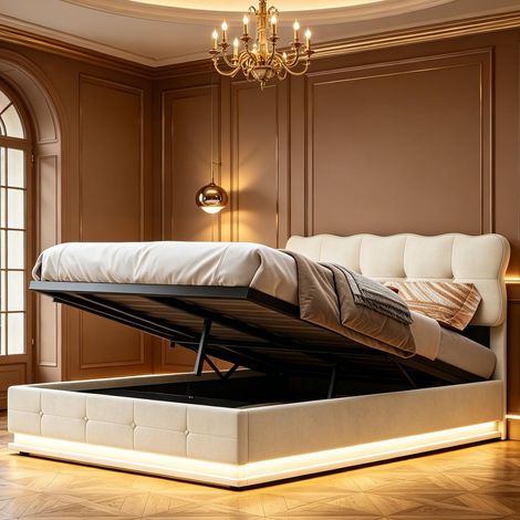 Lit adulte 140x190cm – Lit double – Tissu velours – Lit capitonné – Éclairage LED réglable – Style moderne – Sommier à lattes