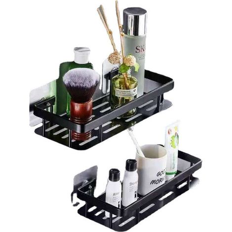Étagère de douche sans perçage, 2 niveaux en acier inoxydable, étagère de rangement pour shampoing salle de bain et WC, couleur noire (1/5)