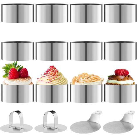 16 Piece Stainless Steel Baking Circle Set, Including 12 Round Cookie Cutters (8 cm Diameter), 2 Bases and 2 Lids, for Mousses, Cakes, Desserts, Baking Modelling (1/5)