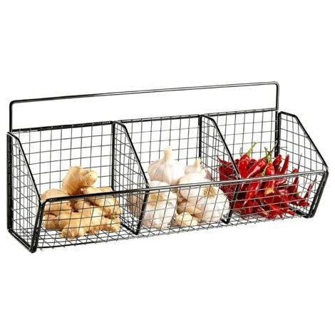 Panier mural en métal à 3 compartiments – Panier mural en fil de fer pour légumes – Panier en métal suspendu sans perçage – Panier suspendu pour cuisine et organisateur de cuisine pour (1/4)