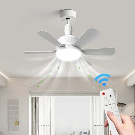 Ventilateur plafond blanc 6 pales 40W E27 – 3 vitesses, éclairage 2400 lm, télécommande, moteur DC silencieux, minuterie 2/4 h (1/5)