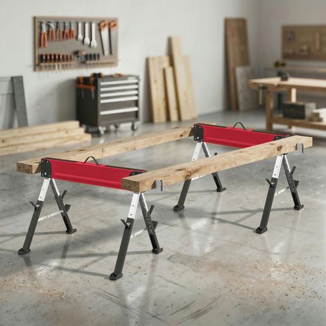 Set di 2 cavalletti pieghevoli, portata massima 1160 kg, altezza regolabile in 7 posizioni (64-81 cm), cavalletto da ponteggio in metallo con maniglia, colore rosso.
