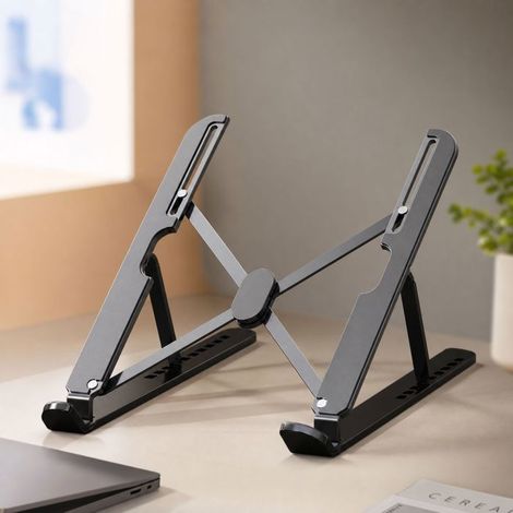 BelleRise - support ordinateur portable – aluminium 10 niveaux réglables antidérapant silicone pliable pour bureau ergonomique noir (1/5)