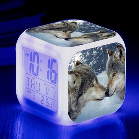 Digitaler Wecker mit Wolfsmotiv (B), Wecker mit bunten Lichtern S