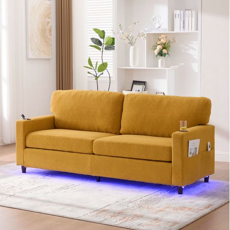 Divano dritto, divano da 2 posti con porta USB-C, illuminazione LED, portabicchieri e tasche laterali, in tessuto felpa (chenille), giallo (1/5)