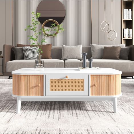Couchtisch aus MDF in Weiß-Holzoptik, 110 cm, mit Rattan-Schubladen und Schiebetüren (1/5)