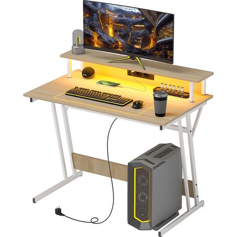 Bureau Gaming LED 100x60 cm avec Support Moniteur, Étagères & Télécommande, Naturel