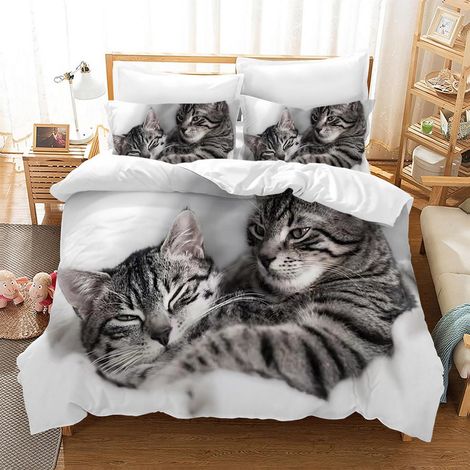 Ensemble de literie 220x240 cm avec motif chat, housse de couette enfant 3D en microfibre