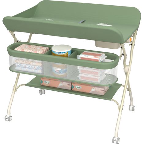 Table à Langer Pliante avec Panier de Rangement, Tables à langer avec 4 roulettes, Hauteur réglable, 75x68x83-91cm, vert (1/5)