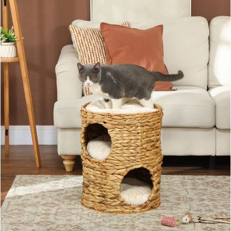 Tonne griffoir pour chat Ø40 x 50 cm avec 2 niches et coussin en jacinthe d'eau HAVRYA (1/5)