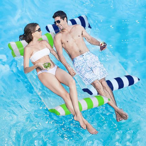 Hamac Gonflable Bleu et Vert pour Piscine, 2 Pièces Design 4-en-1, Matelas Flottant Pliable, Fauteuil Flottant Plage Lac Été (1/5)