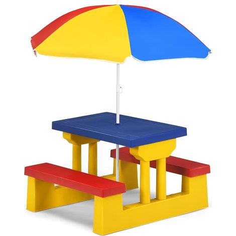 COSTWAY Conjunto de Mueble de Jardín para Niños Plegable Mesa y Banco de Picnic con Parasol para Infantil Juguete (Amarillo y Azul) (1/5)