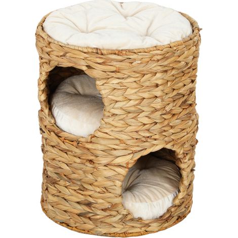 Tiragraffi per gatti, alto 50 cm, con due cucce, superficie imbottita, in giacinto d'acqua, adatto a gatti di peso inferiore a 3,5 kg, colore marrone chiaro, spedizione dal sito. (1/5)