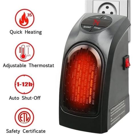 Chauffage d'appoint - Céramique - Mini chauffage personnel - 400 W - Thermostat électronique - Noir (1/4)