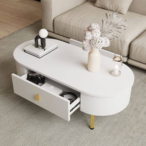 Tavolino da caffè 108x50x40 cm bianco in MDF con 2 cassetti, angoli arrotondati e gambe dorate (1/5)