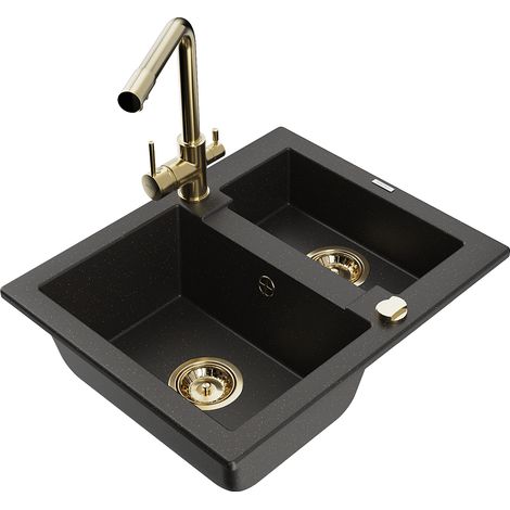 Mexen Carlos fregadero de granito de 1,5 senos con grifo de cocina Duero, negro/oro metálico - 6518-75-671600-50 (1/5)