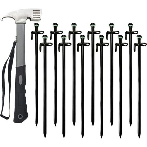 CYRILL – Paletti per tenda in acciaio forgiato non piegato per carichi pesanti - Paletti da campeggio ideali per posizioni rocciose/difficili (30 cm, 12 pezzi + martello per tenda) (1/5)