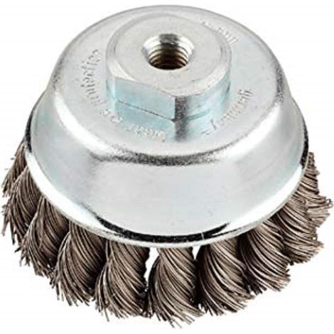 Brosse boisseau pour meuleuse d'angle Ø 100 mm, torsadée, logement fileté M14, en fil d'acier HSS torsadé, pour le métal et la pierre, pour nettoyer, décalaminer, rendre rugueux et dérouiller (1/4)