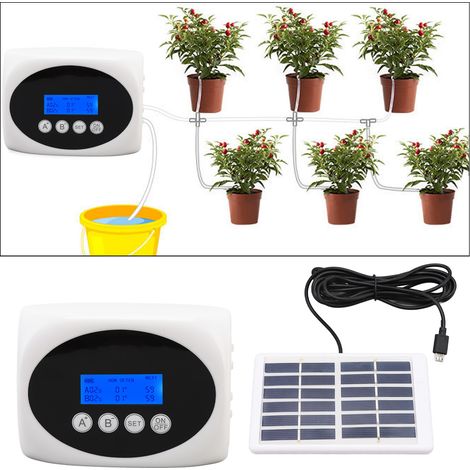 Système d'arrosage automatique solaire 3W avec double pompe et minuterie, pour jardin et plantes. Kit d'arrosage goutte à goutte noir, 10 m pour 15 pots. (1/5)
