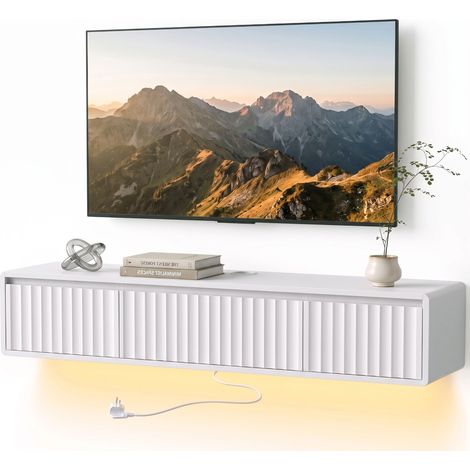 Meuble TV Suspendu Flottant 120 cm avec Éclairage LED et Prises, Meuble Télé pour Téléviseur 65 Pouces, Blanc (1/5)