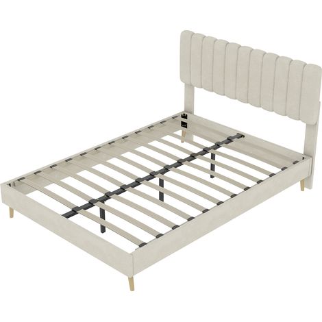 Cama tapizada moderna 160x200 cm beige con cabecero mullido HOMVRA (1/5)