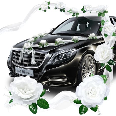 Décoration automobile de mariage, fleurs blanches en forme de rose pour capot (1/5)