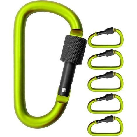 Set di 5 moschettoni a vite di grandi dimensioni per il fissaggio di attrezzature, in alluminio, 8 cm, verde chiaro, nero, confezione da 5. (1/3)