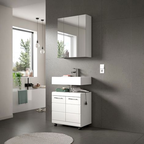 Ensemble meuble sous lavabo + armoire de toilette blanc brillant - KAN