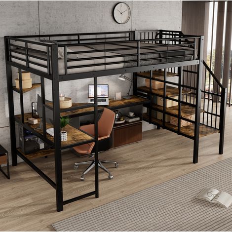 MEUBLIV Cama alta 120x200 cm negro y madera oscura – escritorio integrado, sin colchón (1/5)