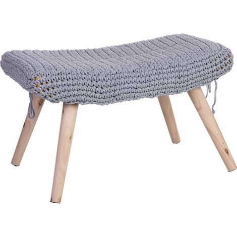 Banquette en bois gris assise coton tressé forme irrégulière - gris clair et bois naturel (1/5)