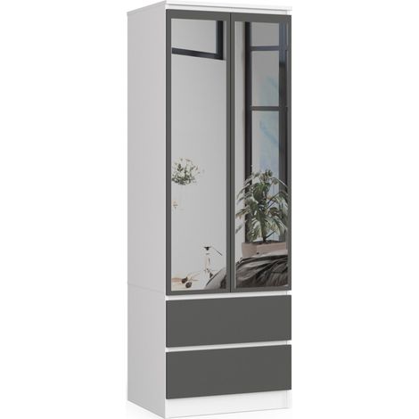 Akord – Armoire 60 cm avec miroir – 2 portes battantes – 2 tiroirs – Panneau stratifié blanc et gris – Dimensions 60x51x180 cm (1/4)