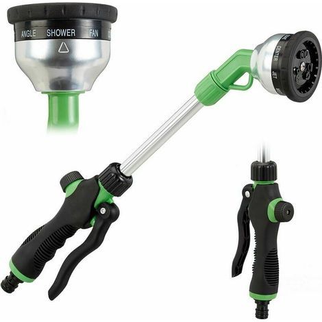Pomme d'arrosage premium, pistolet d'irrigation à 9 fonctions, facile à utiliser d'une seule main, avec une longueur de 44 cm, en noir et vert. (1/4)