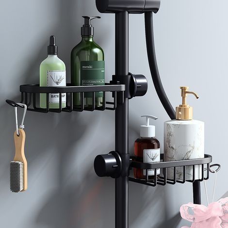 Etagère et rangement de douche-Lot de 2 Étagère Douche Sans Percage Inox, Étagère Salle de Bain Télescopique Inoxydable, Tablette Support Douche, Porte Savon Barre Douche, noire
