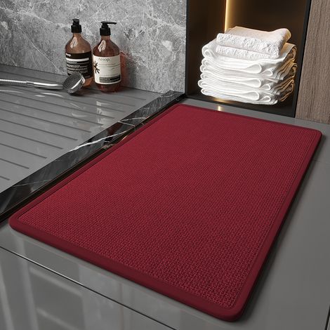 Tapis de Douche Lin Rouge 40x120cm, Texture Tissée Antidérapante, Ultra-Absorbant, Séchage Rapide, Bordure Lin, Lavable en Machine, Finition Premium (1/5)