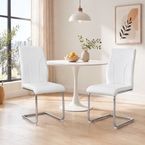 Sedia da pranzo in bianco/argento in PU con seduta imbottita, design moderno,40,6x40x90 cm (1/5)
