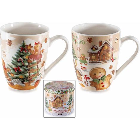 Tazze natalizie in porcellana in confezione regalo di metallo, decorazioni pan di zenzero, set da 2 pezzi
