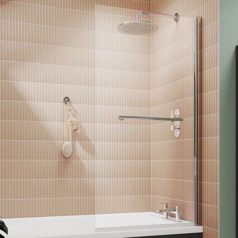 Nuie Pacific Square Hinged Bath Screen with Towel Bar 1430mm H x 790mm W - 6mm Glass (1/6)