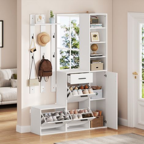 Ensemble rangement d'entrée blanc 120x30x178 cm armoire chaussures, miroir, patères et étagères fixables au mur pour couloir (1/5)