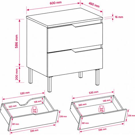 Meuble sous-vasque sur pieds 60 cm, 2 tiroirs, avec plan de travail, fermeture douce, Chêne noyer / Plan Chêne noyer, pieds noirs, 60 x 46 x 73,6 cm