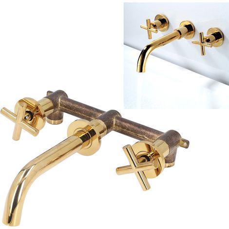 Wandmontierte, komplett aus Kupfer gefertigte, eingelassene Mischbatterie für Badezimmerwaschbecken, Warm- und Kaltwasser (gold) (1/5)