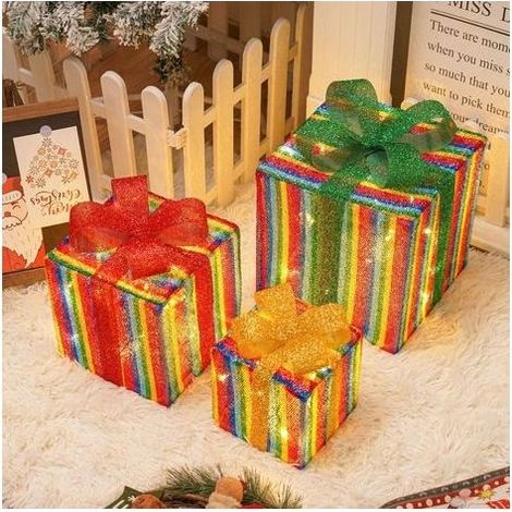Lot de 3 boîtes cadeaux de Noël illuminées, décorations de Noël intérieures/extérieures, boîtes cadeaux avec lumières LED, décorations de sapin de Noël F (1/5)