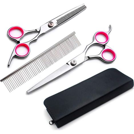 Kit per toelettatura in acciaio inossidabile con forbici per animali domestici da 3 pezzi con borsa in pelle