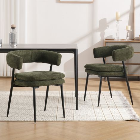 Wahson Lot de 2 chaises de salle à manger en chenille – Coussin épais – Pieds en métal noir – Hauteur d'assise 49,5 cm – Vert