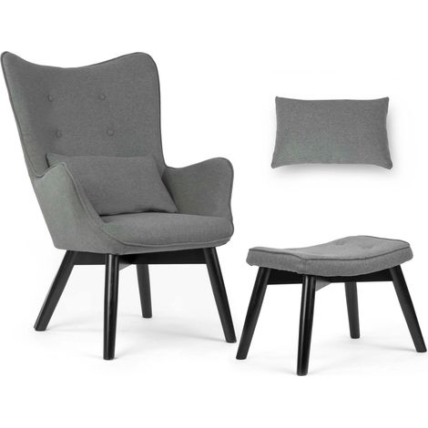 Sillón nórdico con respaldo alto y reposapiés, color gris.
