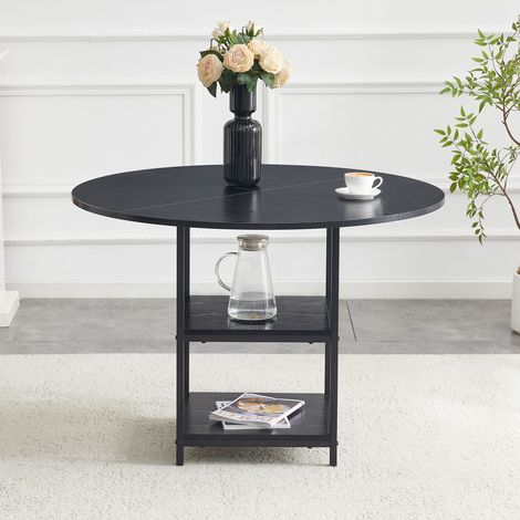 Table ronde 107cm, 2 niveaux de rangement intégré, plateau MDF noir, pour 2 à 4 personnes, plateau résistant et rangement pratique, structure stable (1/5)